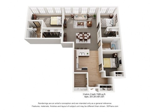 Floor plan for 3 beds, 2 baths, 1589 sqft